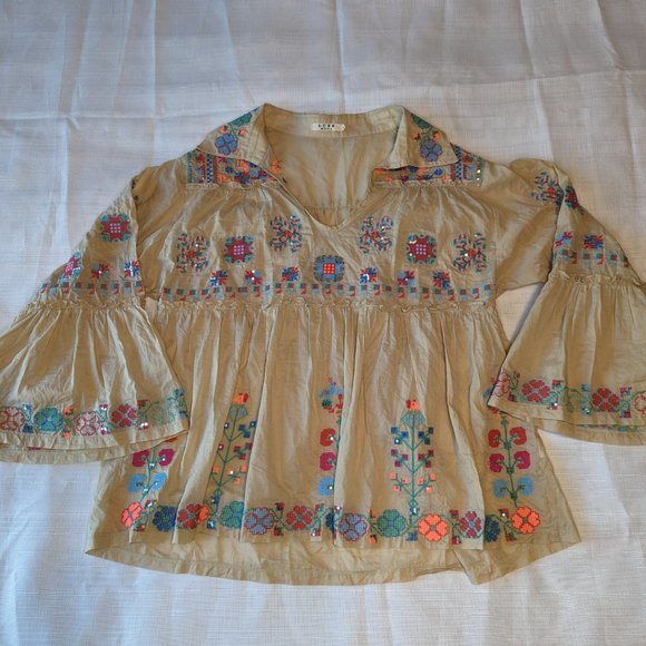 Luxe Moda Tan‎ Emroidered Shirt S 100% Cotton - Picture 2 of 8